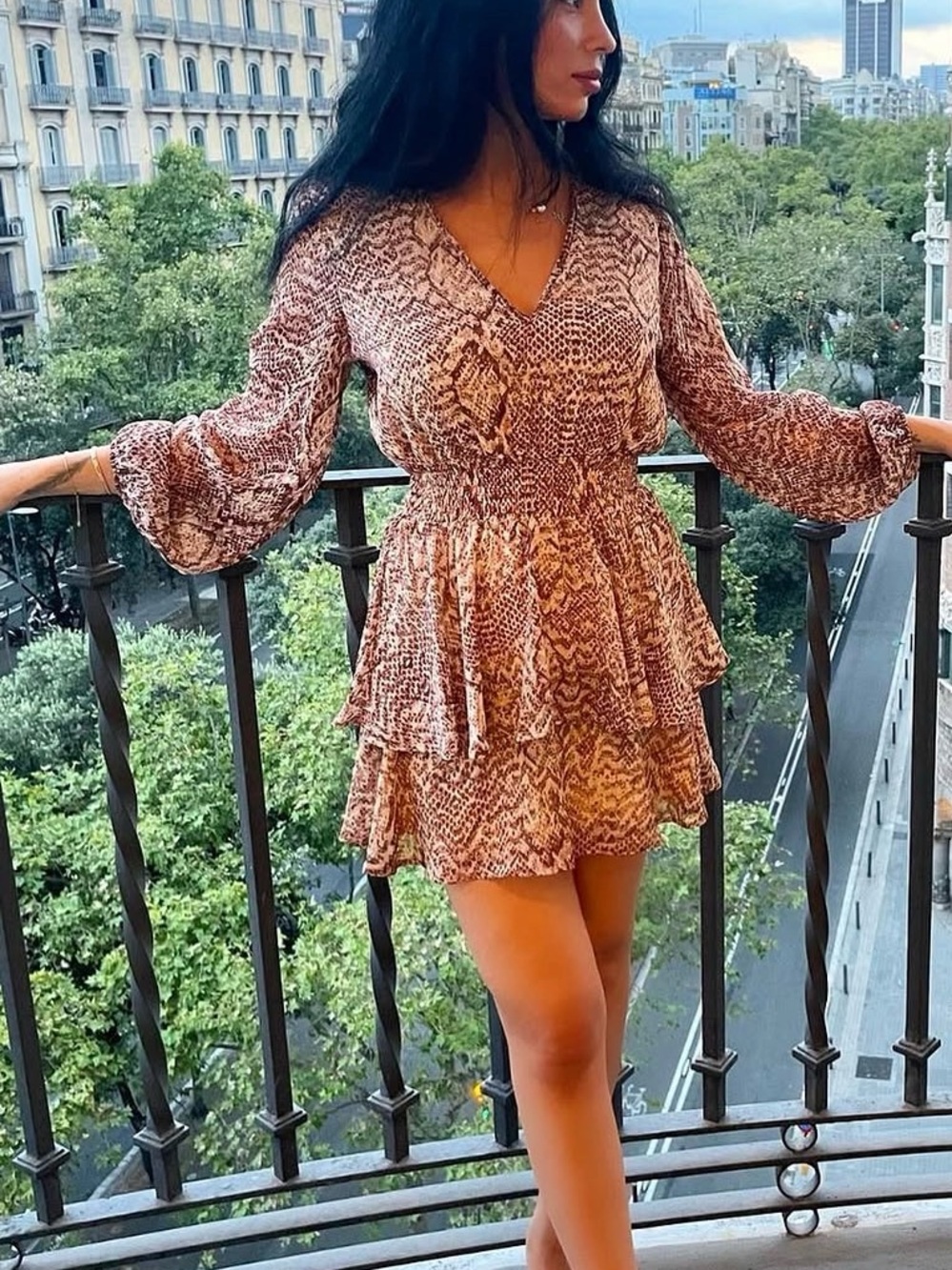 Zara Brown Snakeskin Tiered V‑Neck Mini Dress